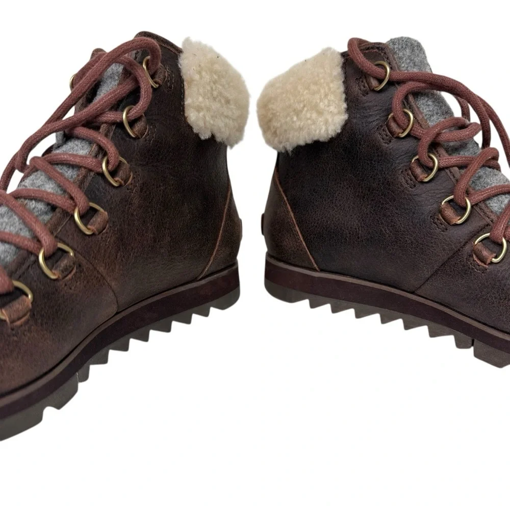 Sorel Harlow Cozy Shearling Ankle Hiker Boots Bootie Leather Wool Lace Up Size 9